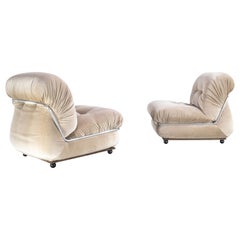 Pair Mid Century Italian Lounges Chrome & Fabric Armchairs, Mario Sabot 1970s