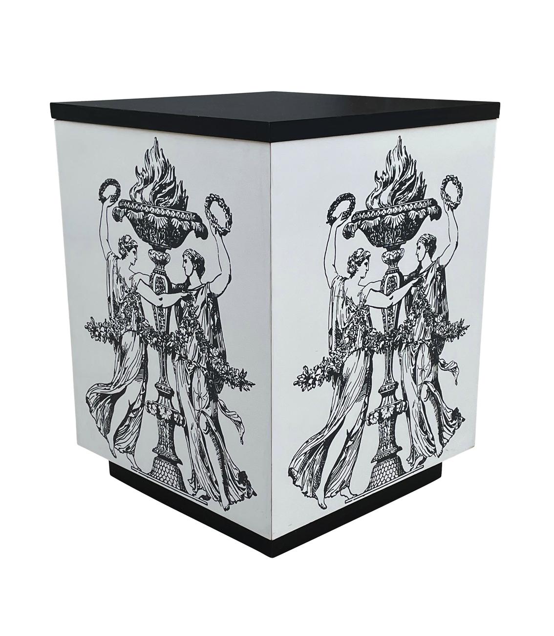 Pair Mid Century Italian Modern Storage Cube End Tables after Piero Fornasetti In Good Condition For Sale In Philadelphia, PA