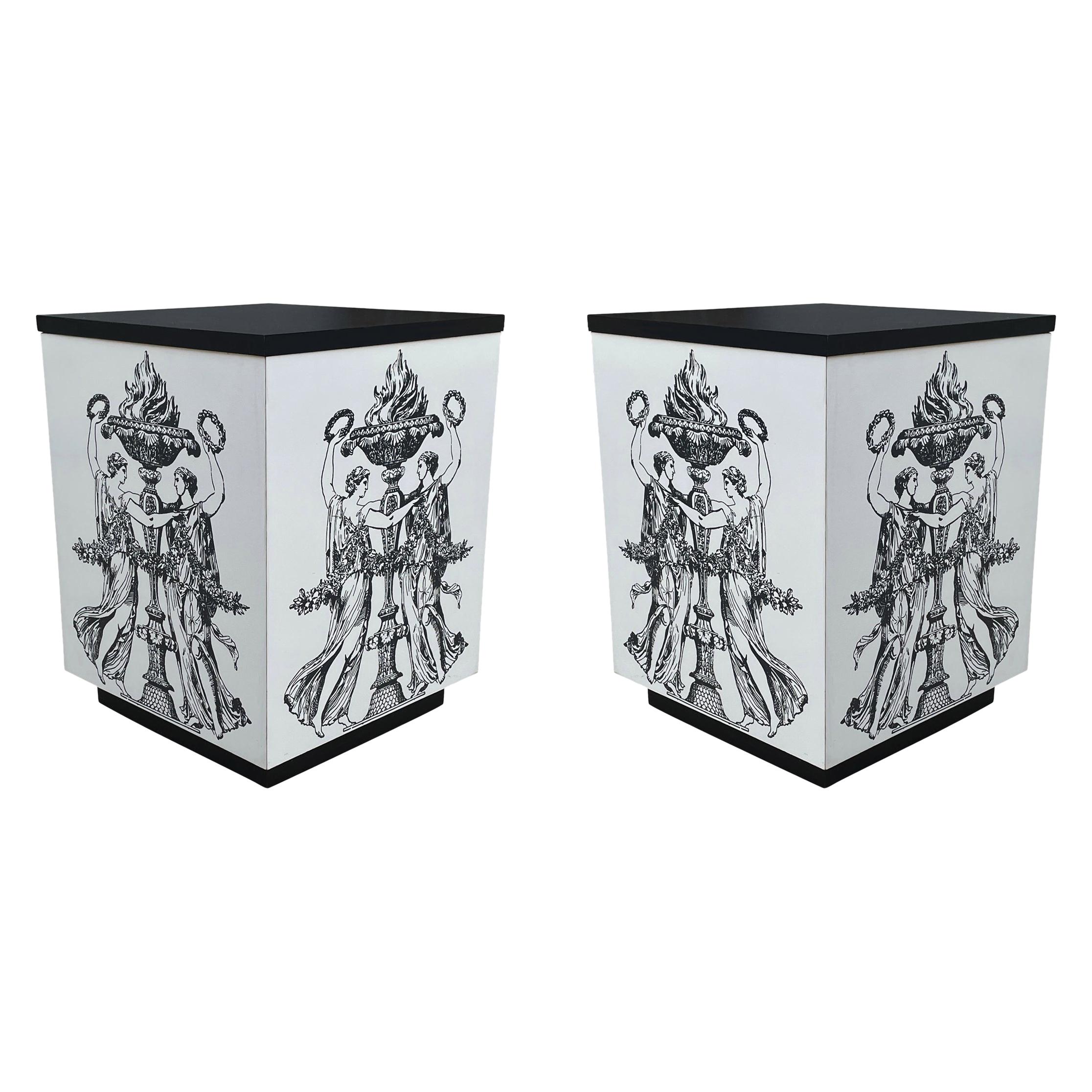 Pair Mid Century Italian Modern Storage Cube End Tables after Piero Fornasetti For Sale