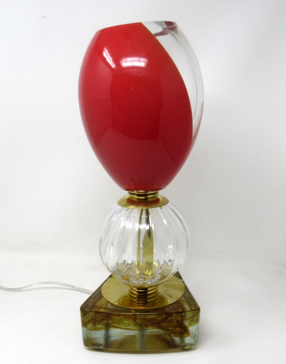 Italian Pair of Midcentury Murano Glass Lucite Table Lamps Red Crystal Gilt, 1950s For Sale