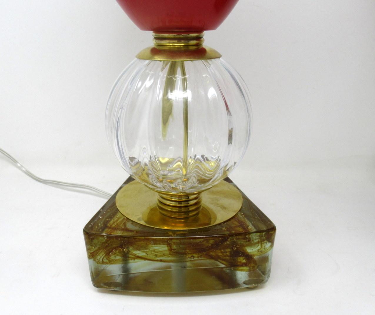 20th Century Pair of Midcentury Murano Glass Lucite Table Lamps Red Crystal Gilt, 1950s