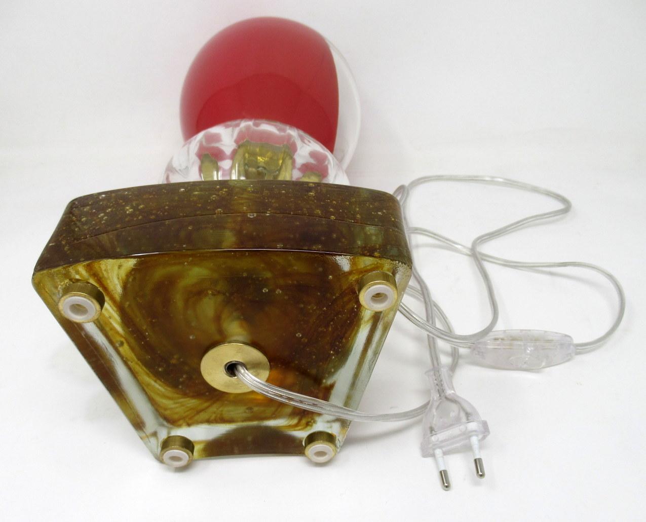 Blown Glass Pair of Midcentury Murano Glass Lucite Table Lamps Red Crystal Gilt, 1950s For Sale