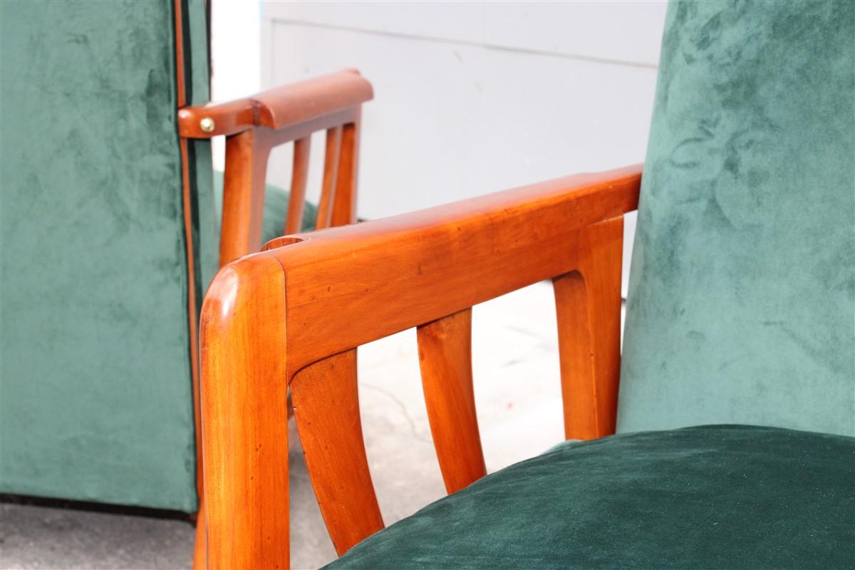 Pair of Midcentury Italian Paolo Buffa Armchairs Cherry Velvet Green, 1950s For Sale 9