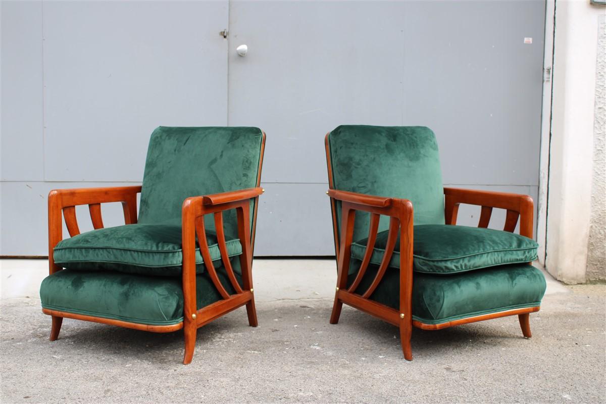 Pair of midcentury Italian Paolo Buffa armchairs cherry velvet green, 1950s.