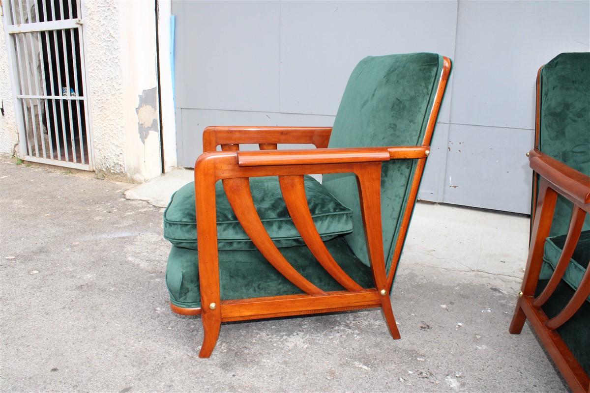 European Pair of Midcentury Italian Paolo Buffa Armchairs Cherry Velvet Green, 1950s For Sale