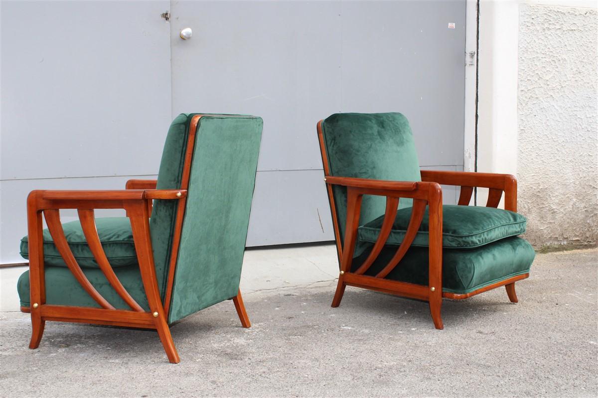 Pair of Midcentury Italian Paolo Buffa Armchairs Cherry Velvet Green, 1950s For Sale 2