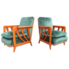 Vintage Pair of Midcentury Italian Paolo Buffa Armchairs Cherry Velvet Green, 1950s