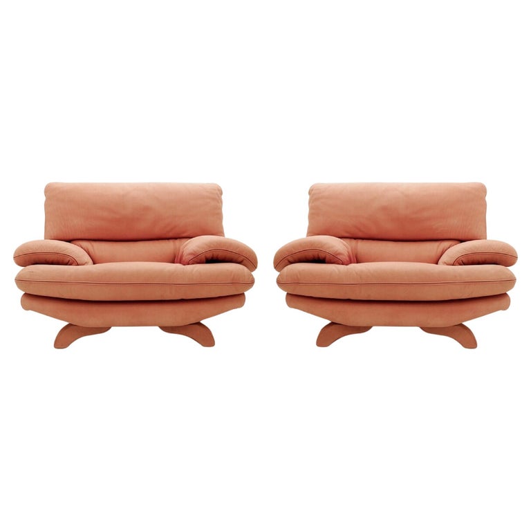 Pair MidCentury Italian Salmon Nubuck Large Armchairs For Sale at 1stDibs