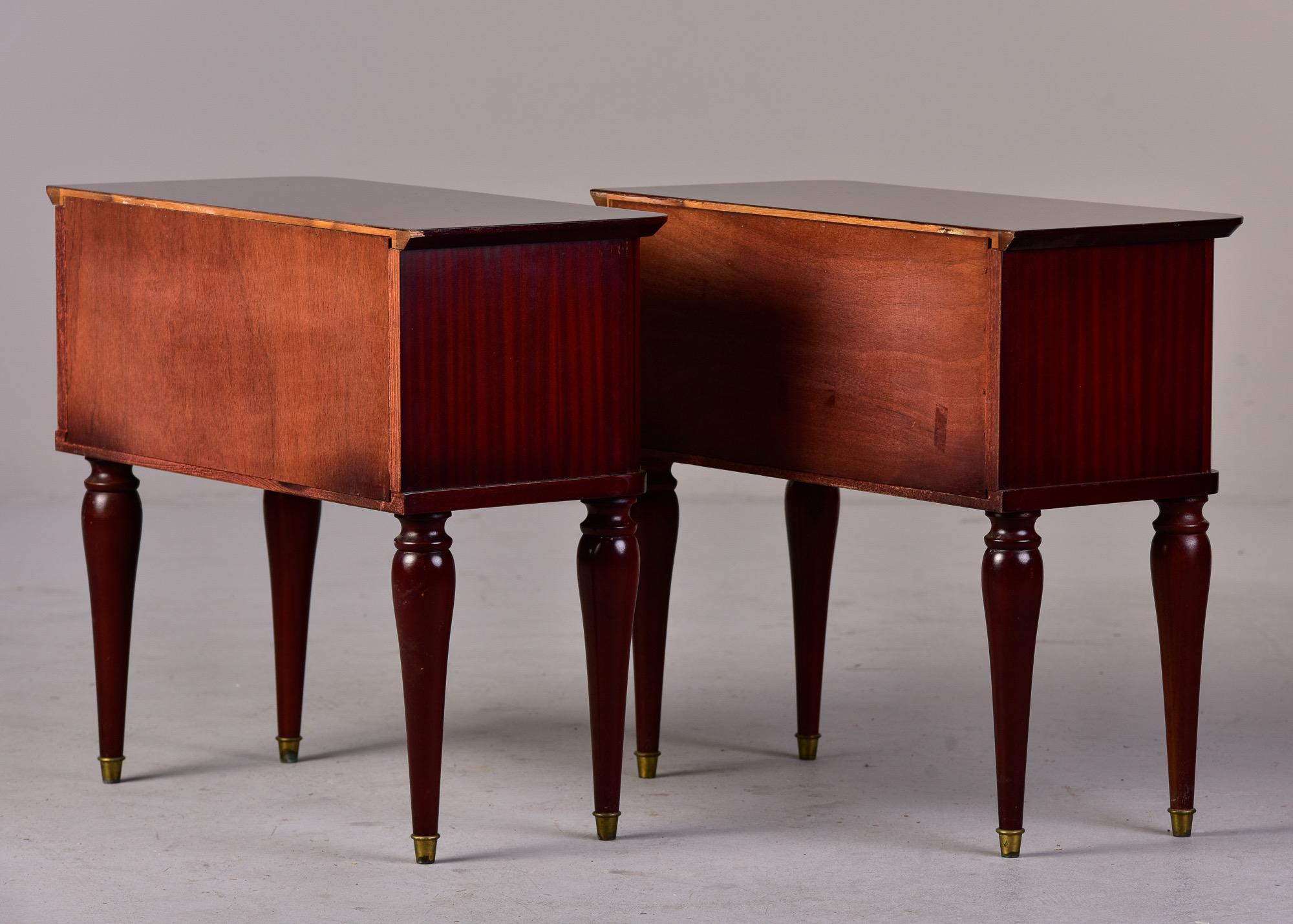 Pair Mid Century Italian Tiger Wood Bedside Chests with Brass Tipped Legs For Sale 4