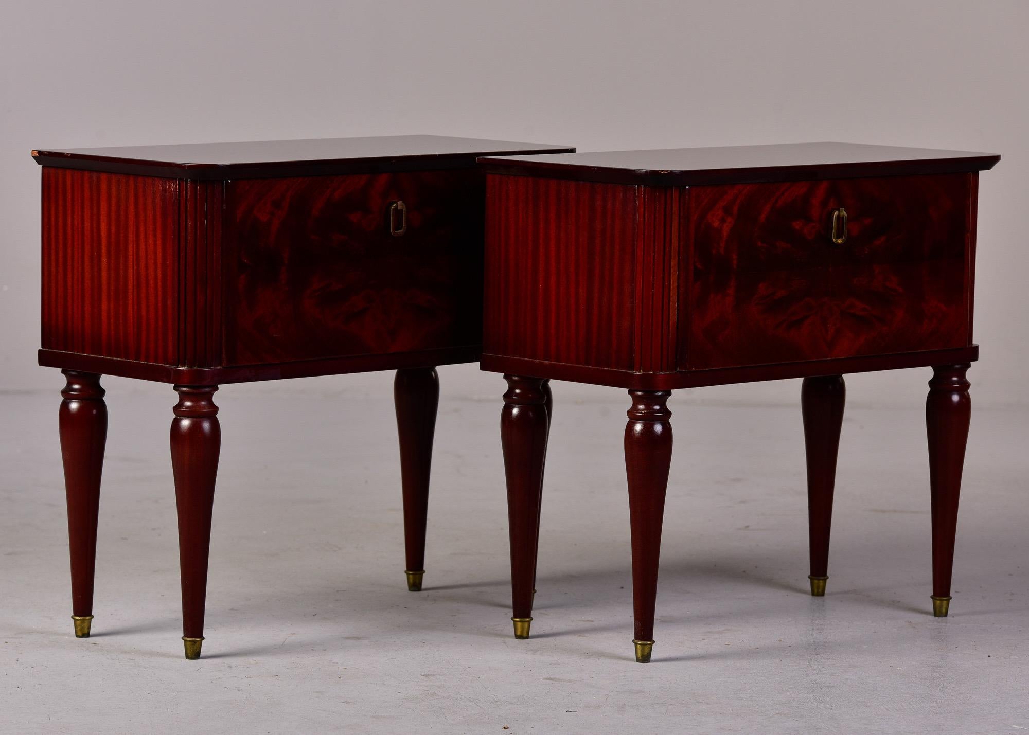 Pair Mid Century Italian Tiger Wood Bedside Chests with Brass Tipped Legs For Sale 6