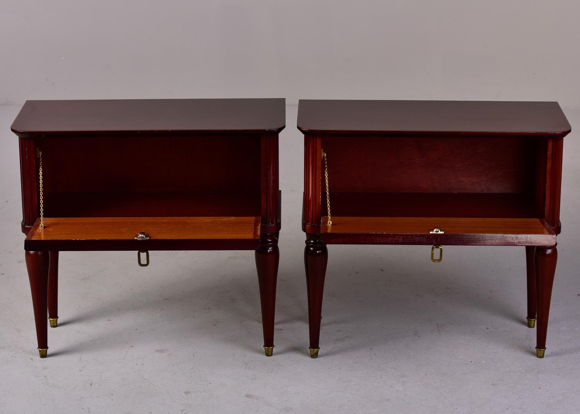 Mid-Century Modern Pair Mid Century Italian Tiger Wood Bedside Chests with Brass Tipped Legs For Sale