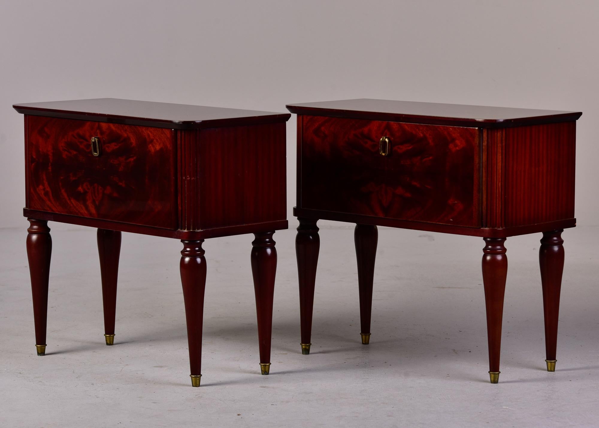 20th Century Pair Mid Century Italian Tiger Wood Bedside Chests with Brass Tipped Legs For Sale