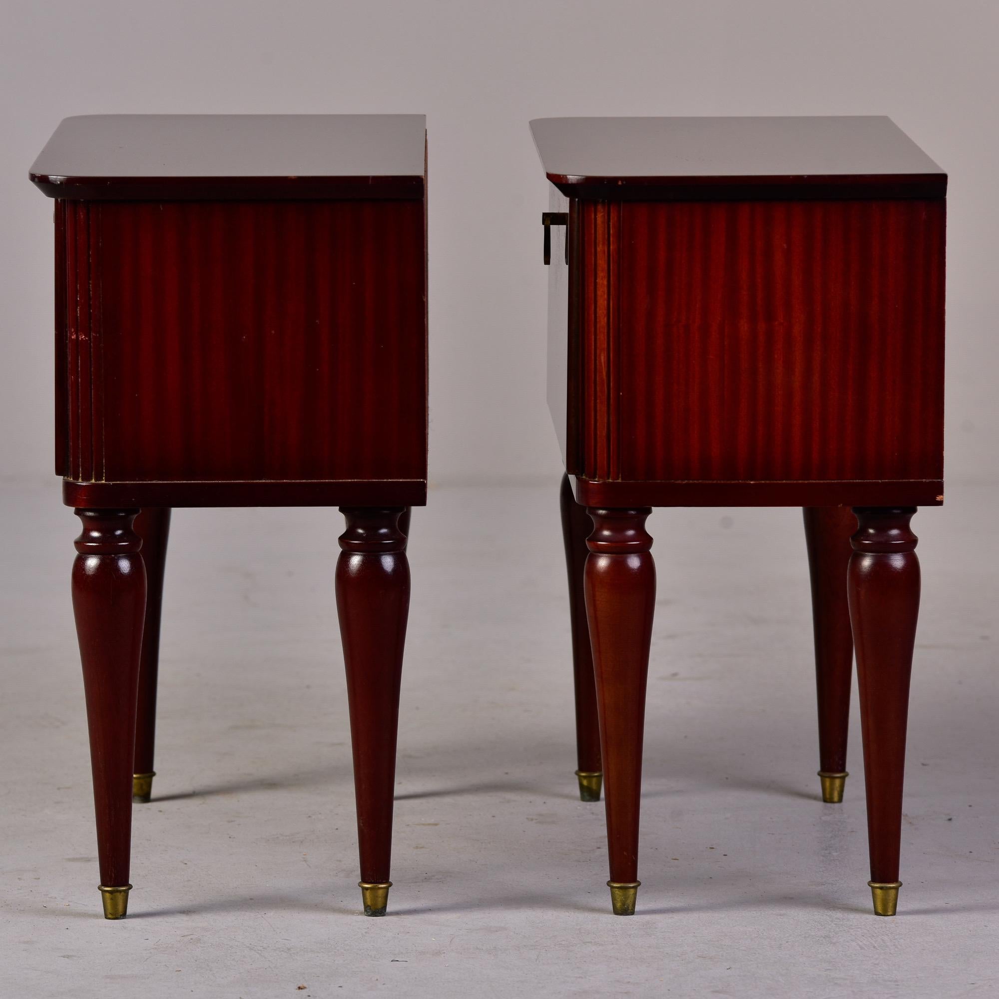 Pair Mid Century Italian Tiger Wood Bedside Chests with Brass Tipped Legs For Sale 1
