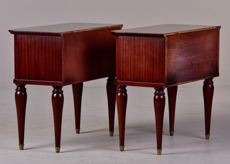 Pair Mid Century Italian Tiger Wood Bedside Chests with Brass Tipped Legs For Sale 3