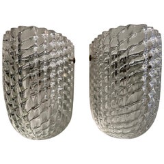 Pair Mid-century Italian Wall Sconces Venini Design Vetro Diamante Brass