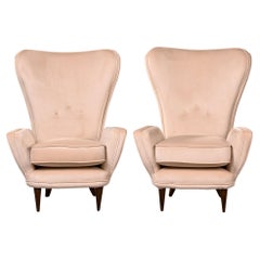 Used Pair Mid Century Italian Winged Arm Chairs with Cream Upholstery