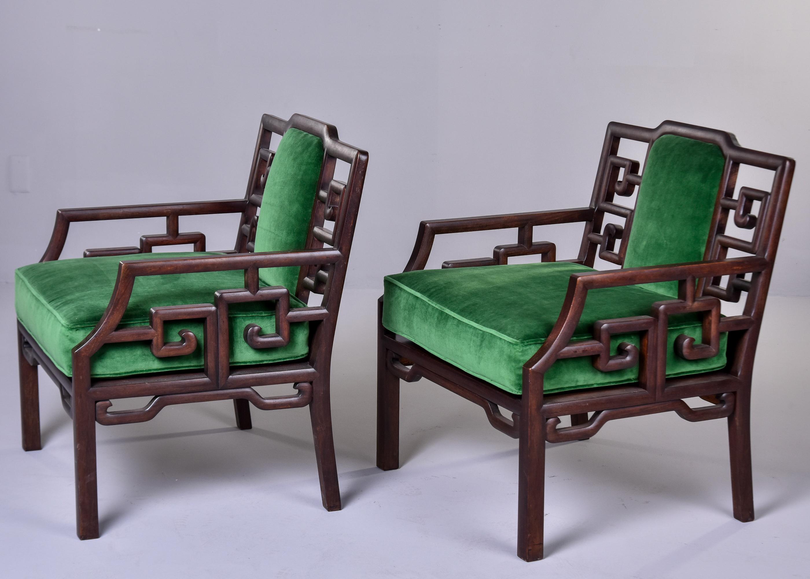 American Pair Mid Century James Mont Style Arm Chairs with New Emerald Velvet Upholstery