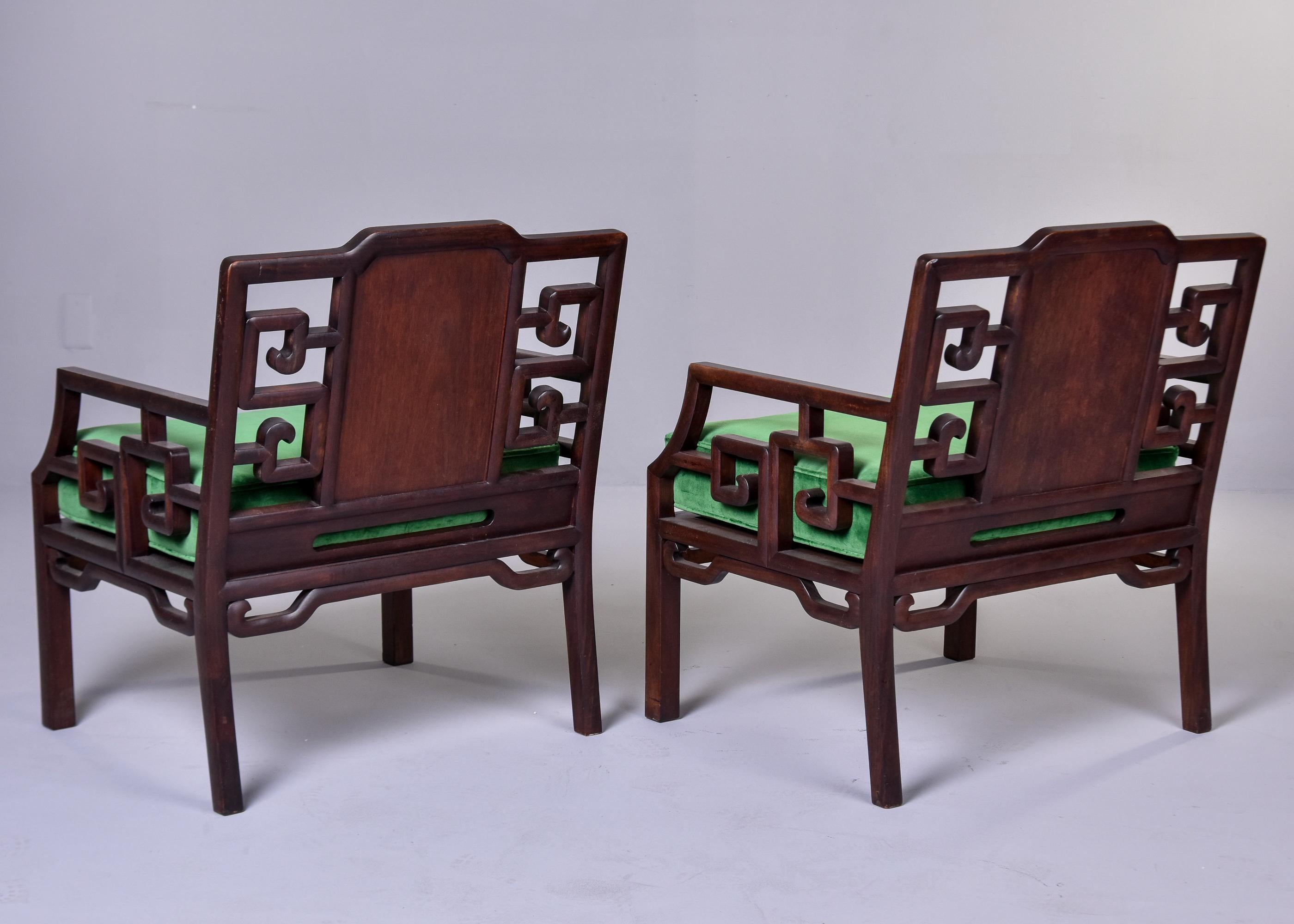 Pair Mid Century James Mont Style Arm Chairs with New Emerald Velvet Upholstery In Good Condition In Troy, MI