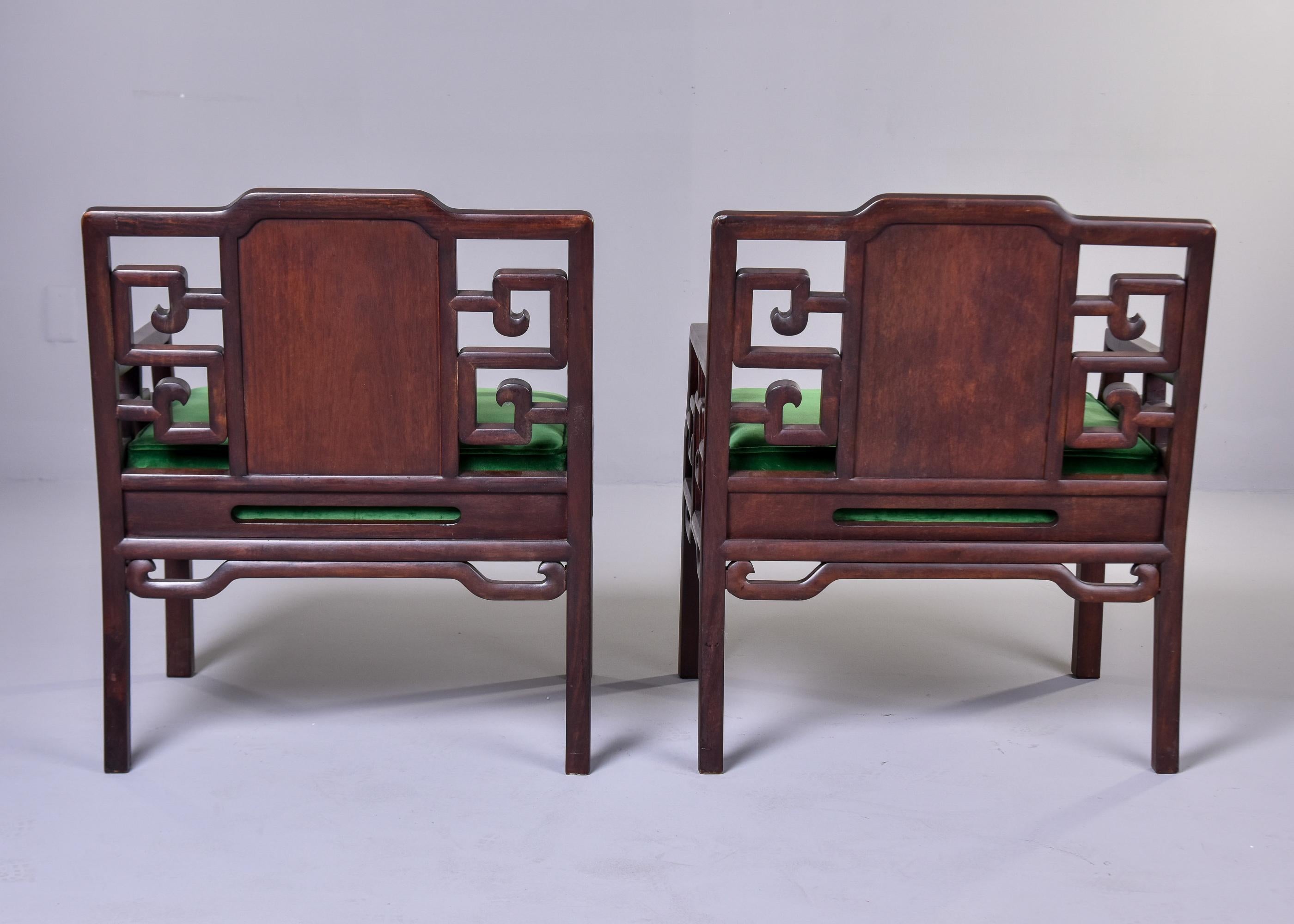 20th Century Pair Mid Century James Mont Style Arm Chairs with New Emerald Velvet Upholstery