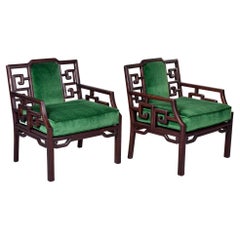Pair Mid Century James Mont Style Arm Chairs with New Emerald Velvet Upholstery