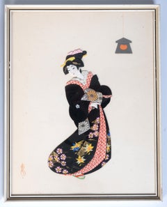 Pair Mid Century Japanese Framed Signed Oshie Art C.1950