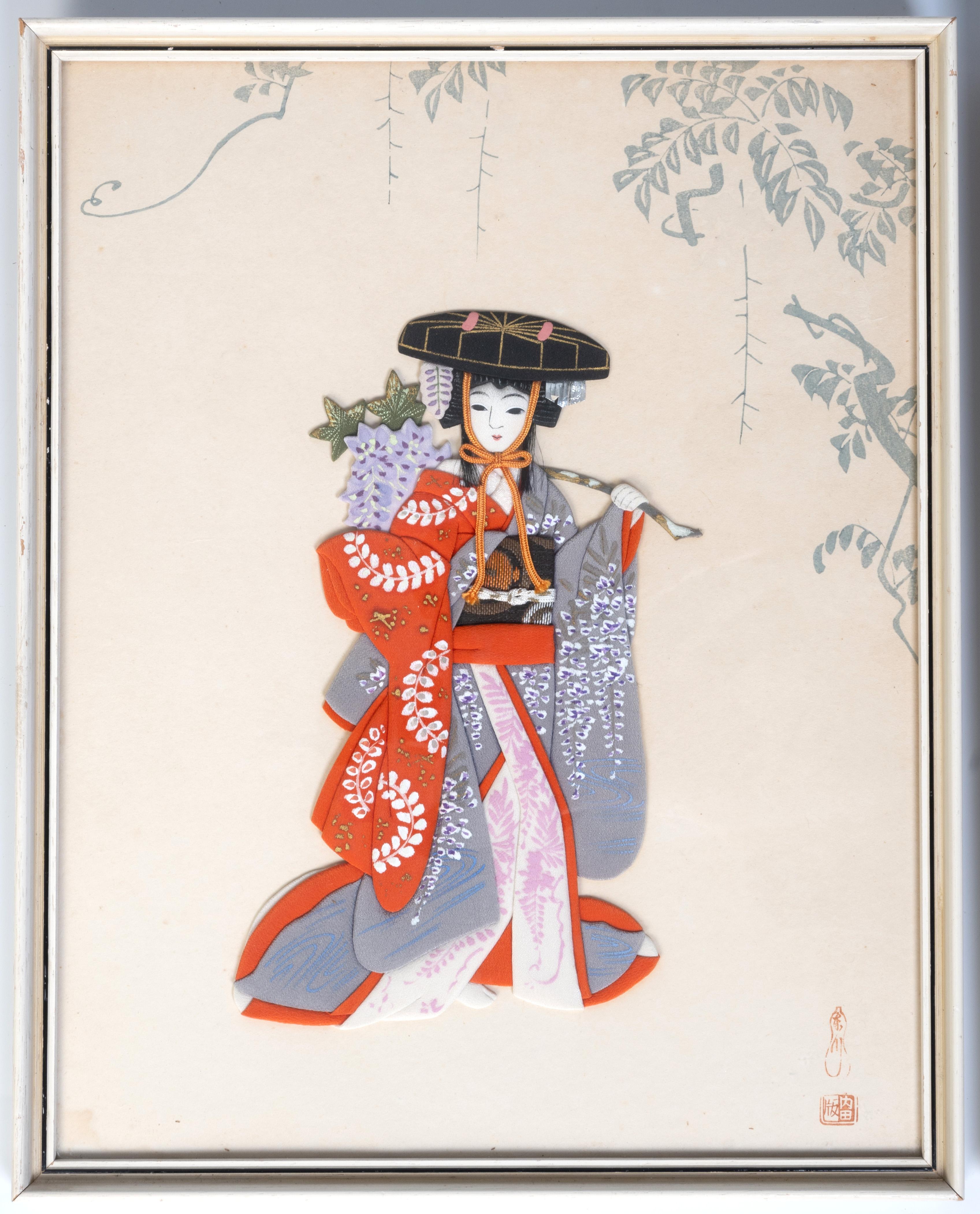 Pair Mid Century Japanese Framed Signed Oshie Art C.1950 In Good Condition For Sale In London, GB