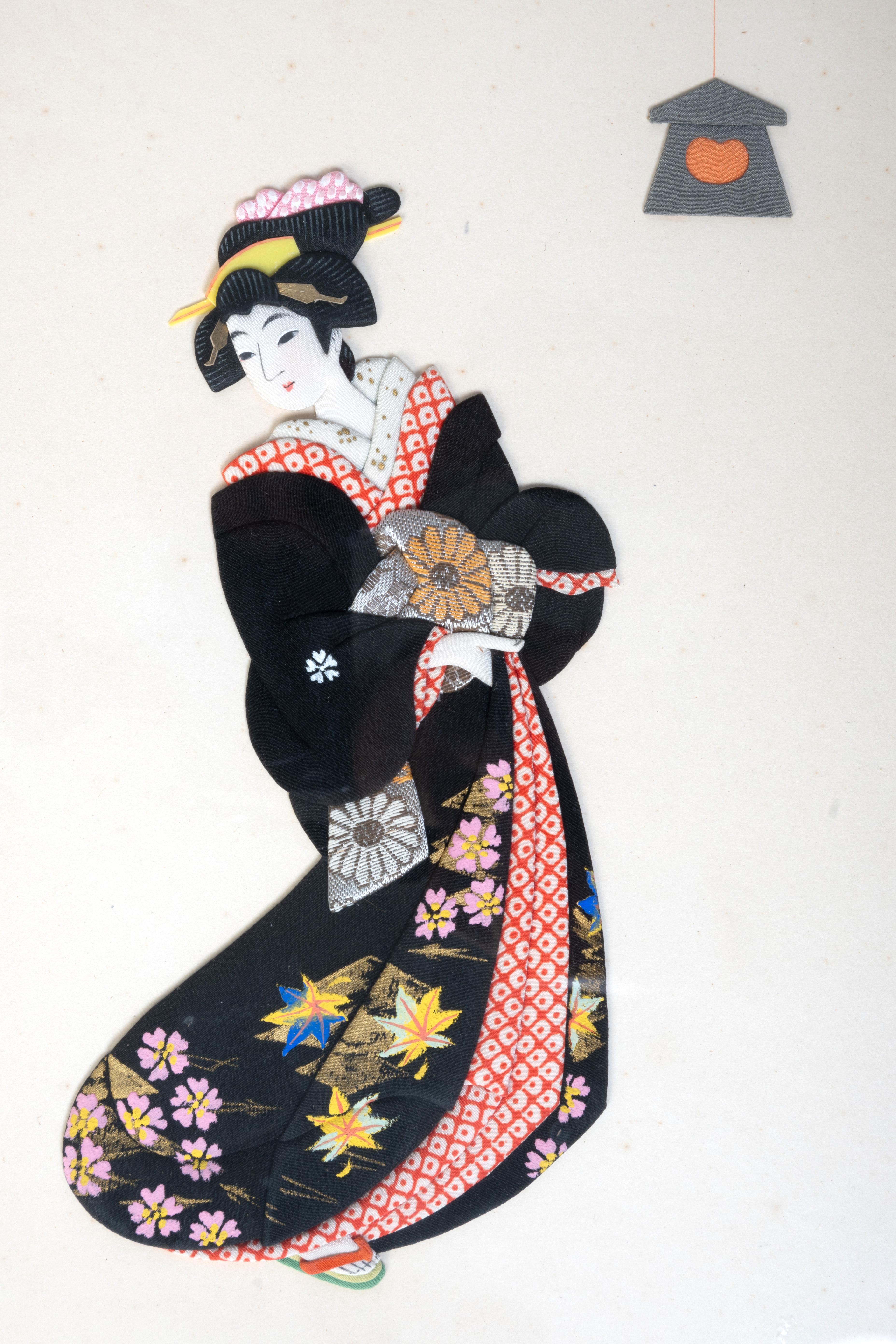 Textile Pair Mid Century Japanese Framed Signed Oshie Art C.1950 For Sale