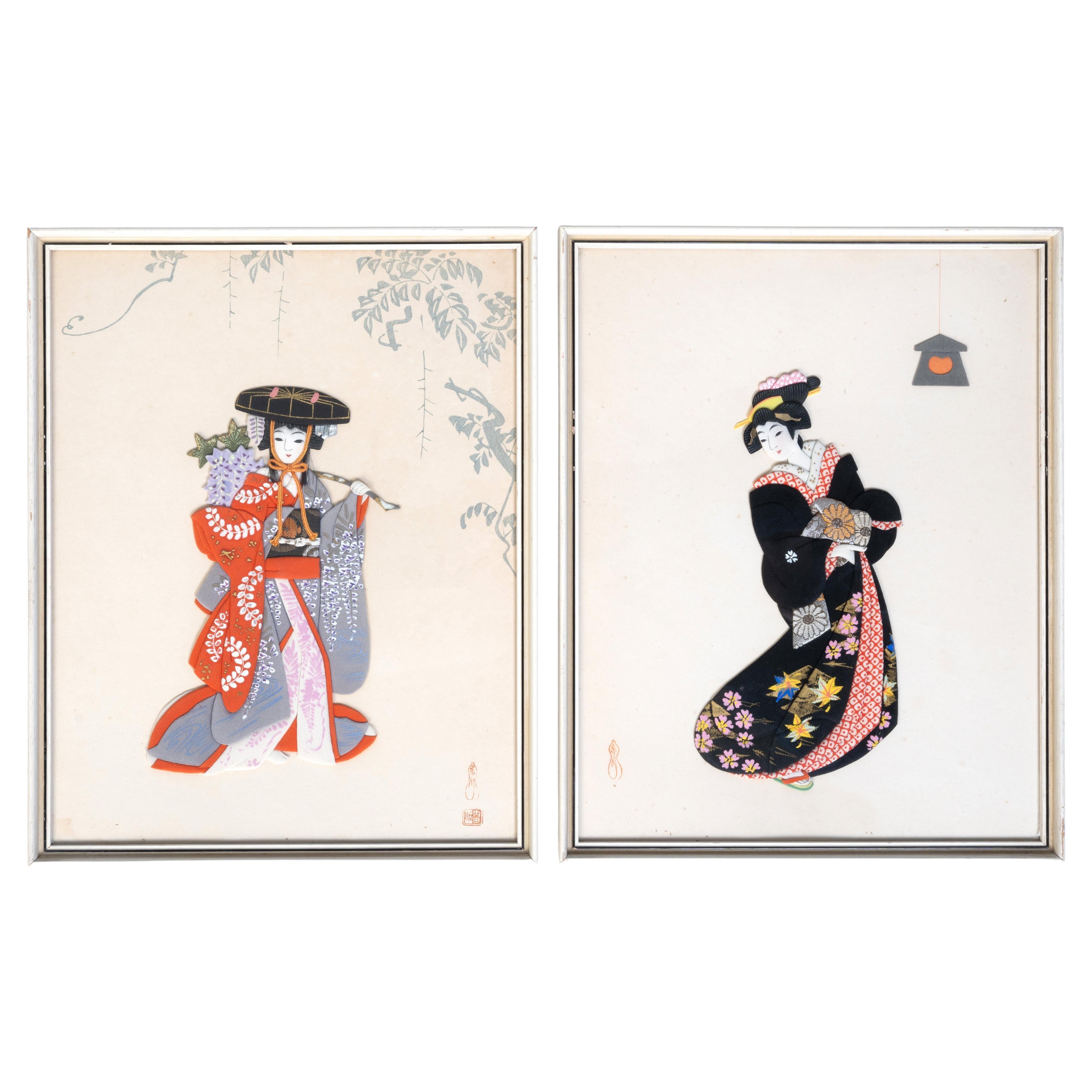 Pareja Siglo Medio Arte Japonés Enmarcado Firmado Oshie C.1950