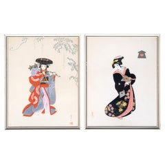 Pareja Siglo Medio Arte Japonés Enmarcado Firmado Oshie C.1950