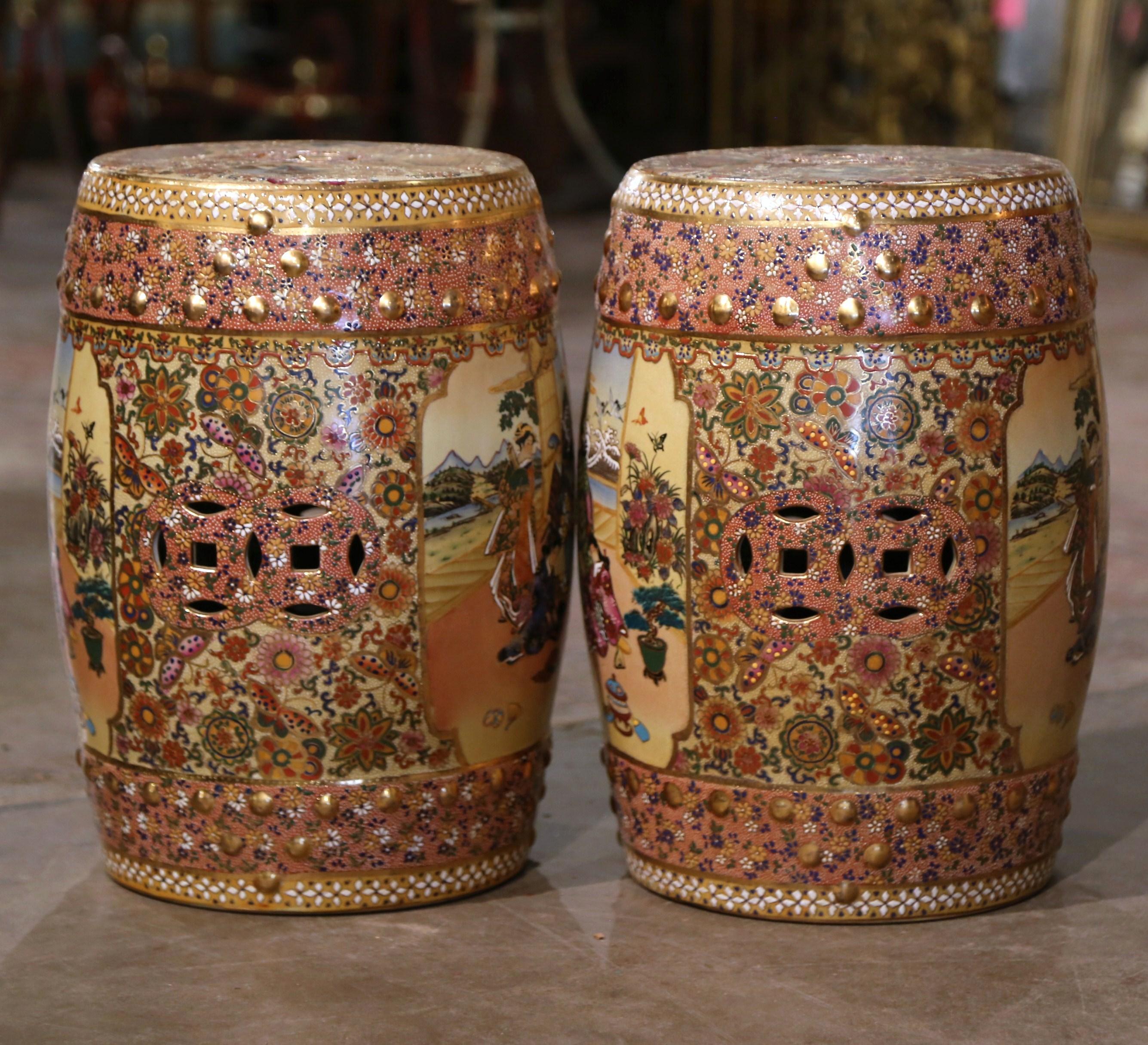 Pair Mid-Century Japanese Hand Painted and Gilt Satsuma Porcelain Garden Stools  For Sale 4