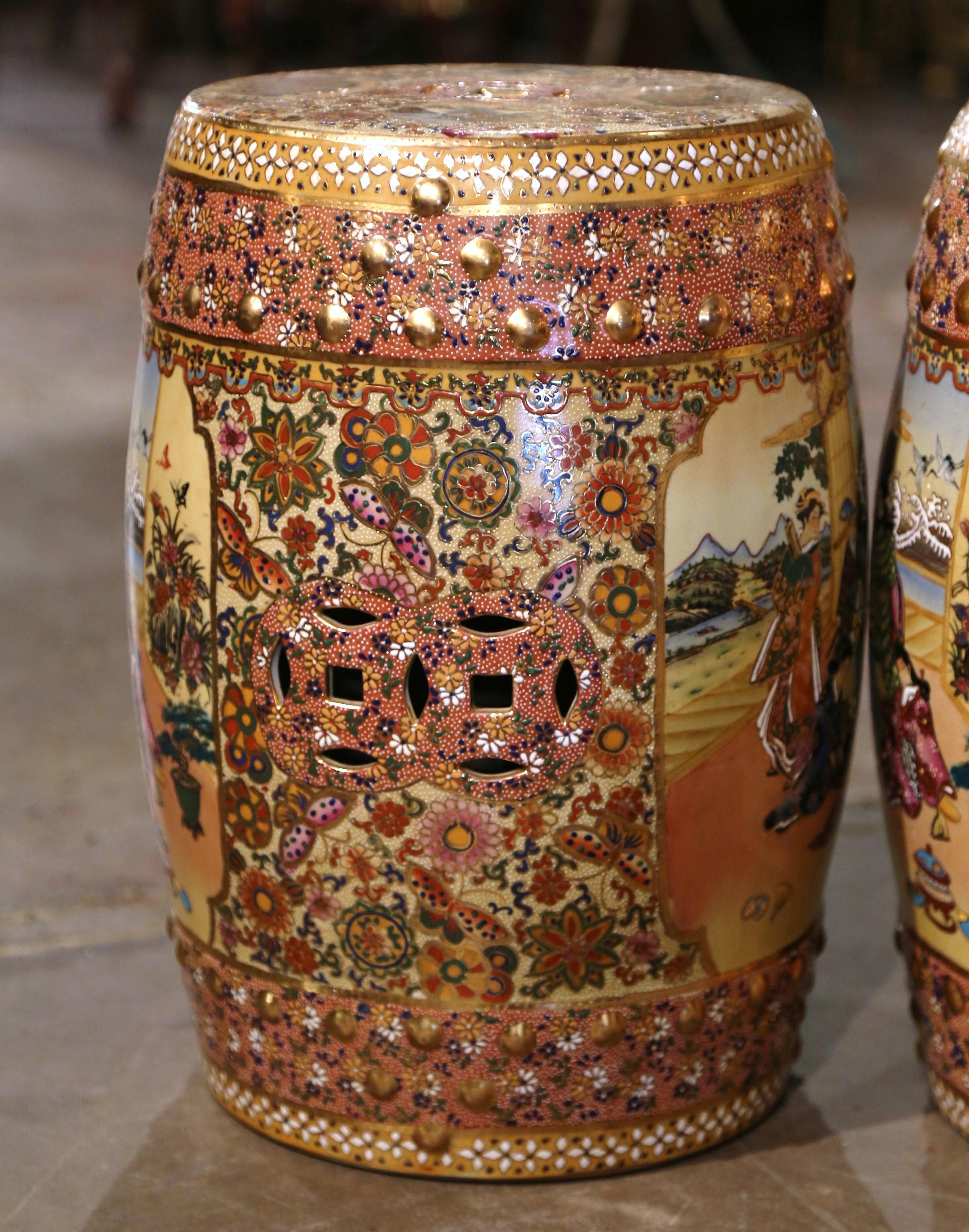 Pair Mid-Century Japanese Hand Painted and Gilt Satsuma Porcelain Garden Stools  For Sale 7