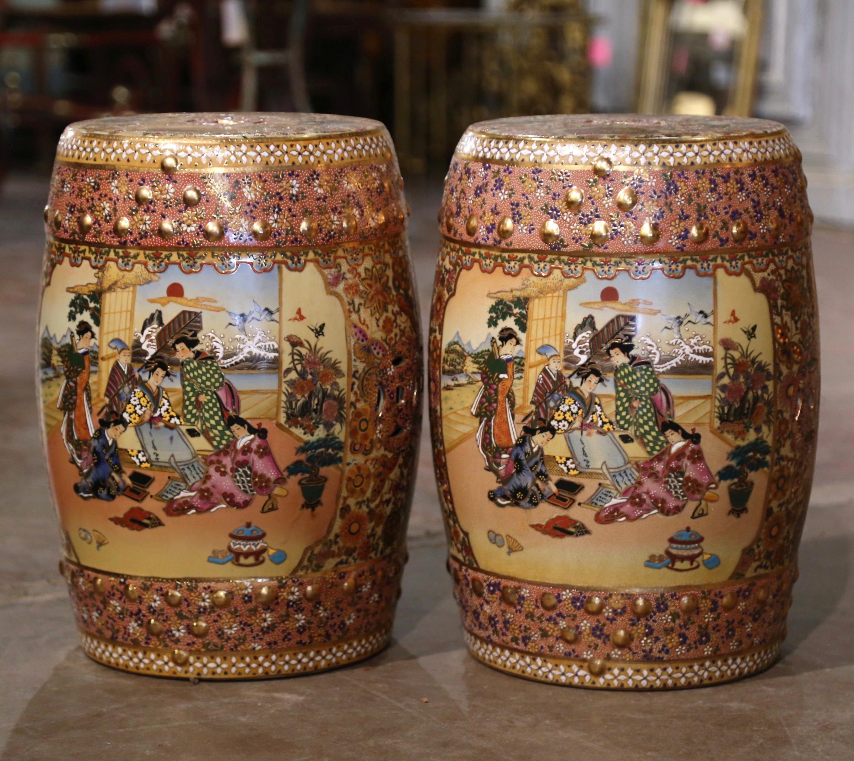 Pair Mid-Century Japanese Hand Painted and Gilt Satsuma Porcelain Garden Stools  For Sale 7