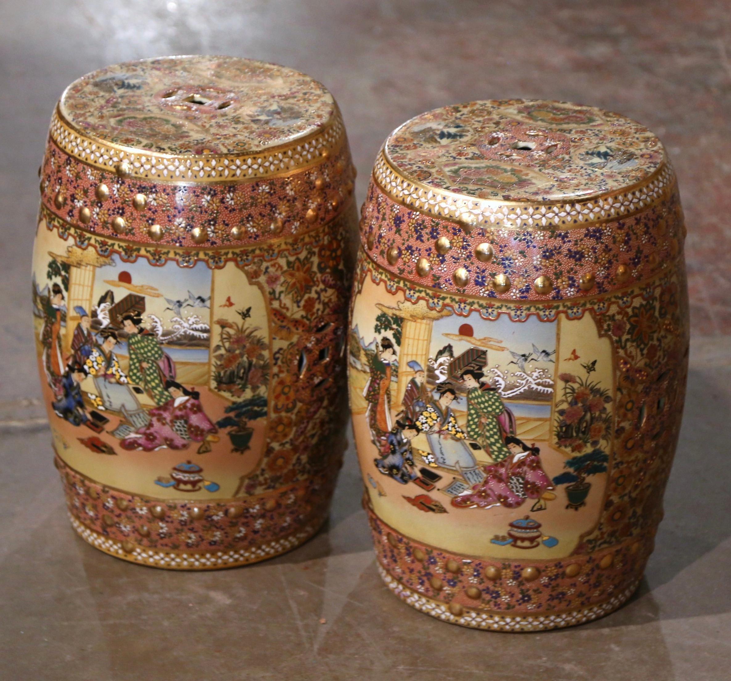 20th Century Pair Mid-Century Japanese Hand Painted and Gilt Satsuma Porcelain Garden Stools  For Sale