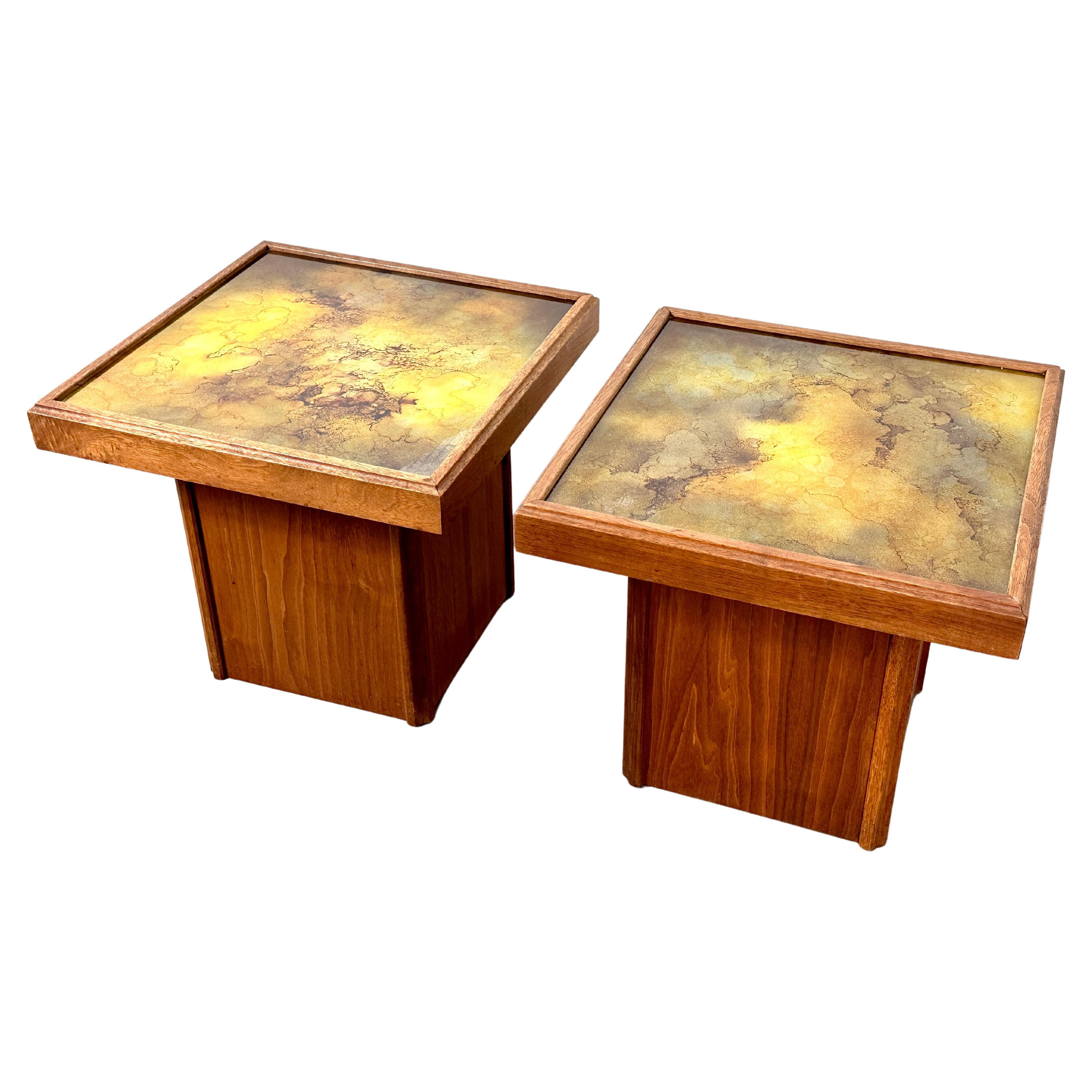 Pair Mid Century John Keal Brown Saltman Walnut & Glass End Side Tables 1950s For Sale