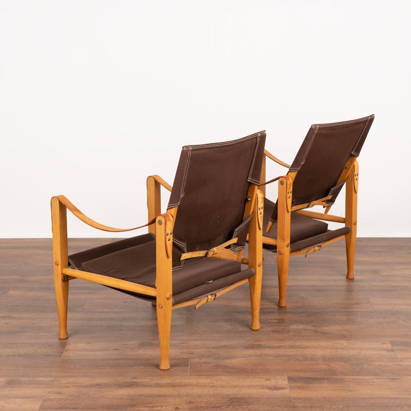 Mid-Century Modern Pair, Mid Century Kaare Klint Safari Chairs in Brown Canvas and Ash Frame For Sale