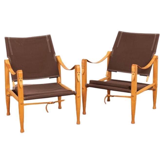 Pair, Mid Century Kaare Klint Safari Chairs in Brown Canvas and Ash Frame For Sale