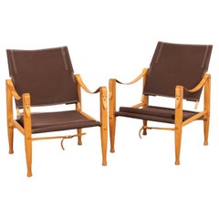 Pair, Mid Century Kaare Klint Safari Chairs in Brown Canvas and Ash Frame