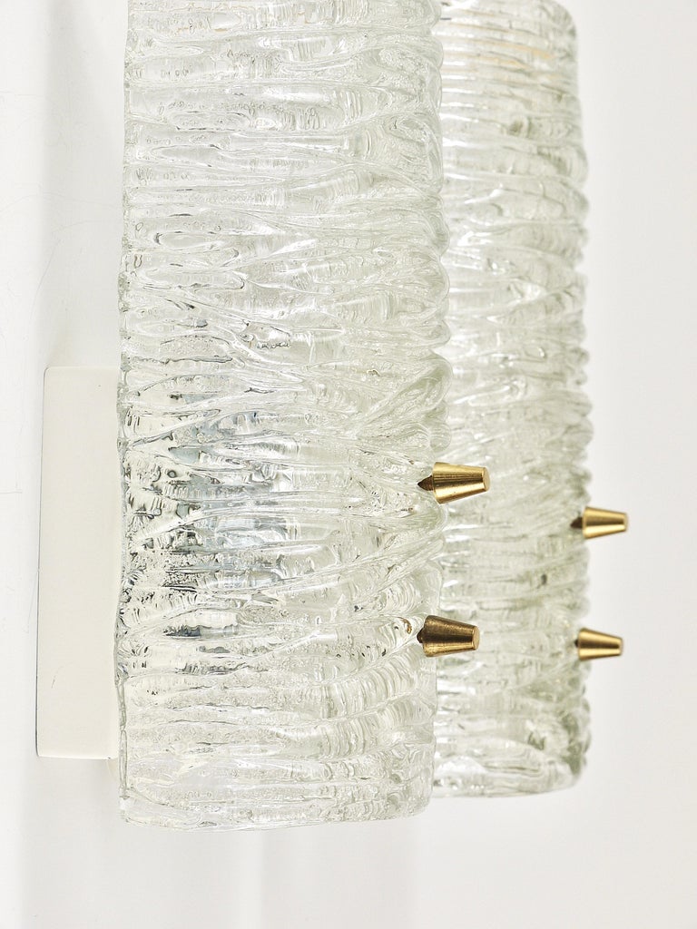 Pair of Midcentury Kalmar Brass Textured Glass Sconces Wall Lamps