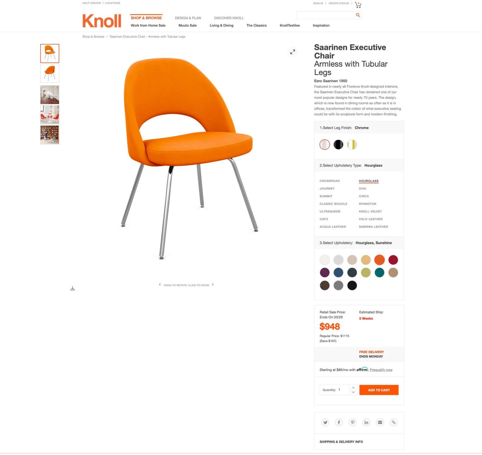 20th Century Pair Mid Century Knoll Saarinen Steel Chrome & Orange Wool Chairs, 1960s--2pcs