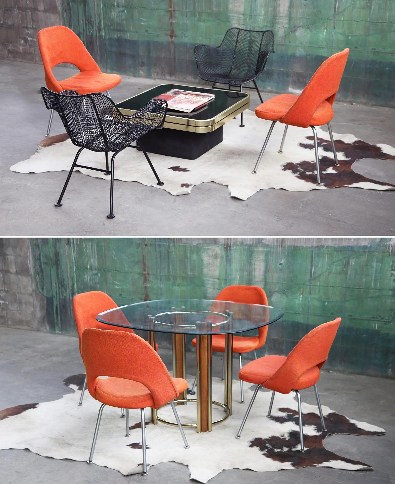 Metal Pair Mid Century Knoll Saarinen Steel Chrome & Orange Wool Chairs, 1960s--2pcs