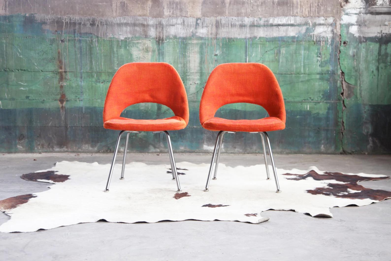 Pair Mid Century Knoll Saarinen Steel Chrome & Orange Wool Chairs, 1960s--2pcs 1