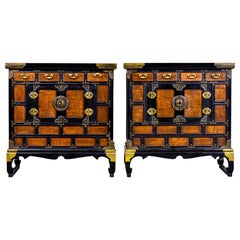Pair of Midcentury Korean Wood and Brass Side Cabinets