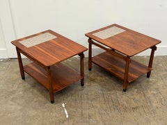 Pair Mid Century Lane "Monte Carlo" Side or End Tables - Walnut + Mosaic Tile