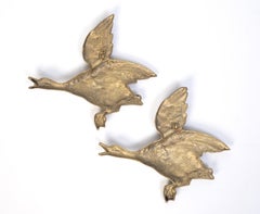 Pair Mid Century Large Brass Flying Ducks Wall Sculpture, England, C.1960