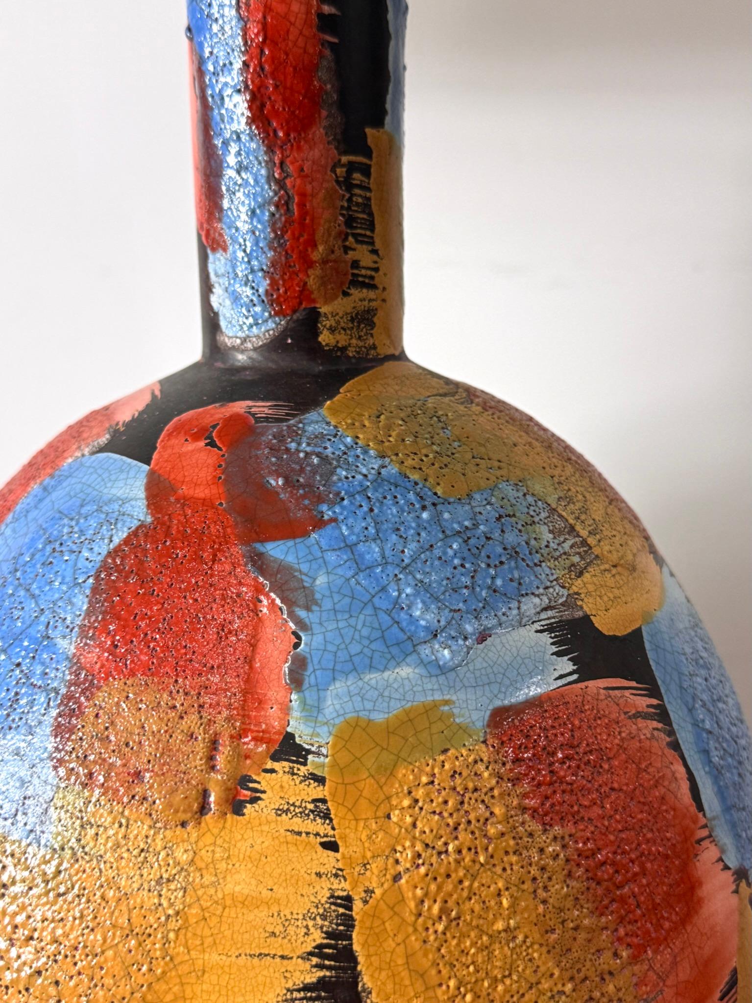 Paire de grandes lampes italiennes en céramique multicolore patchwork de lave glacée du milieu du siècle dernier en vente 4