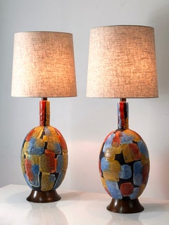 Pair Mid Century Large Italian Ceramic Multi Color Patchwork Lava Glaze Lamps