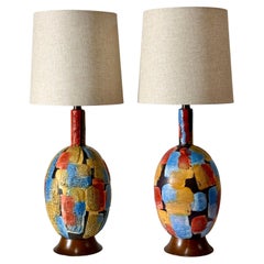 Pair Mid Century Large Italian Ceramic Multi Color Patchwork Lava Glaze Lamps