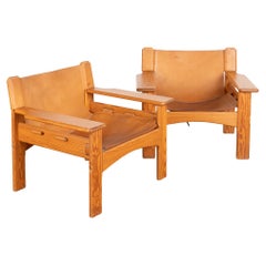 Pair, Mid Century Leather Sling Lounge Chairs, Karin Mobring Sweden 1970's