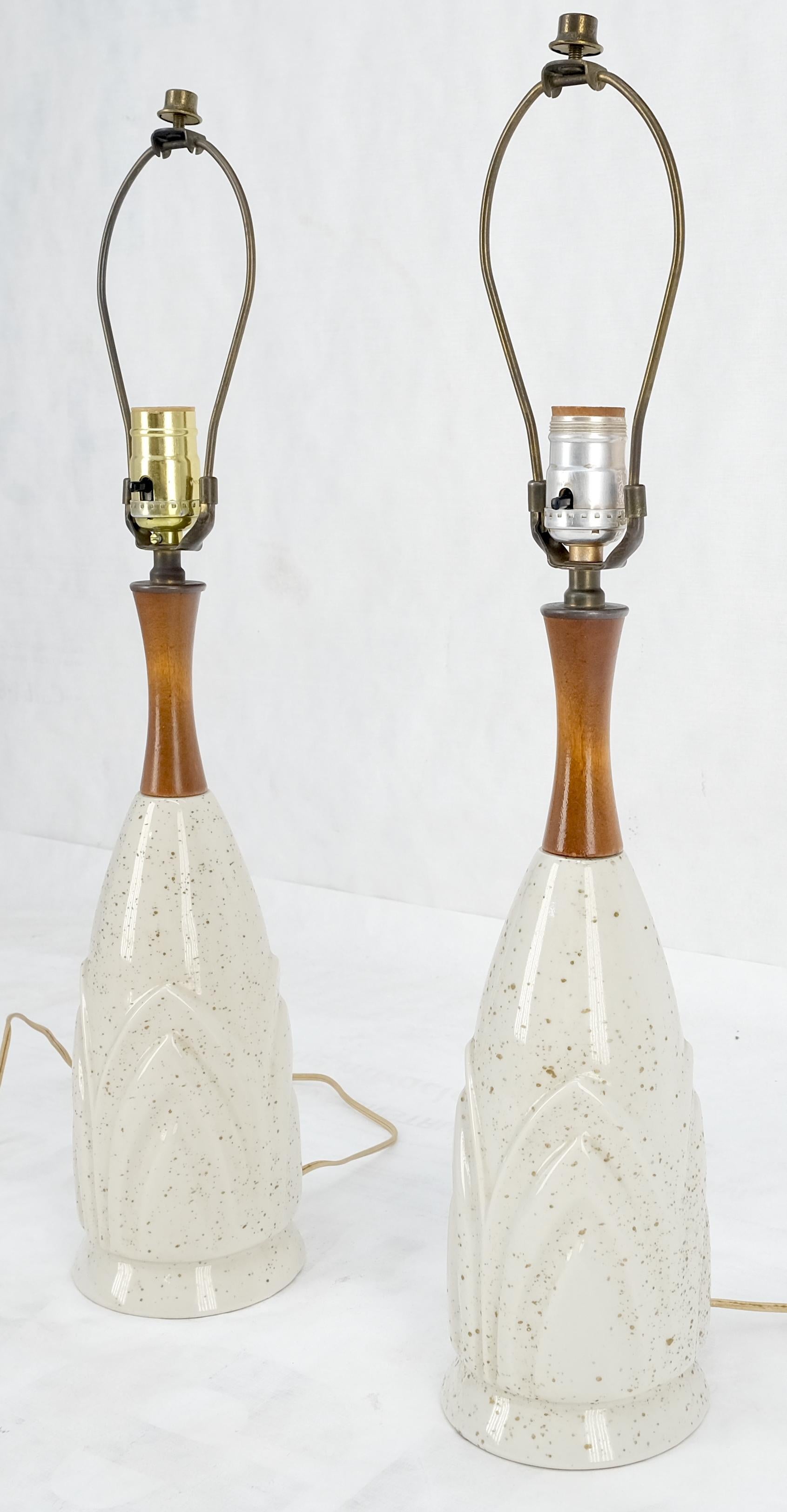 Mid-Century Modern Pair Mid Century Lotus Motive Ceramic Pottery & Turned Walnut Bases Table Lamps For Sale