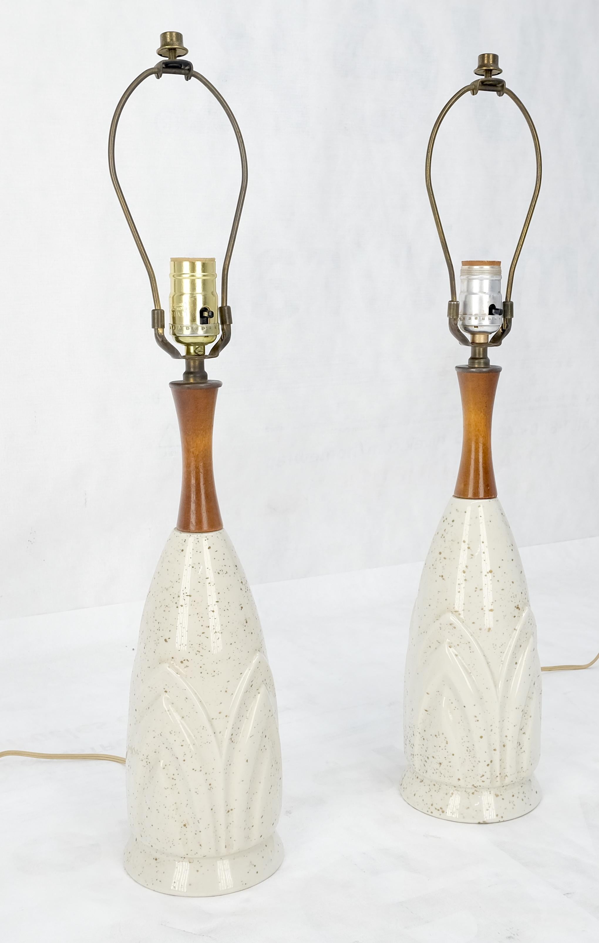 Lacquered Pair Mid Century Lotus Motive Ceramic Pottery & Turned Walnut Bases Table Lamps For Sale